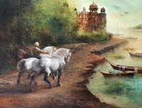 A. Q. Arif, Silver Stallions, 36 x 48 Inch, Oil on Canvas, Cityscape Painting, AC-AQ-295